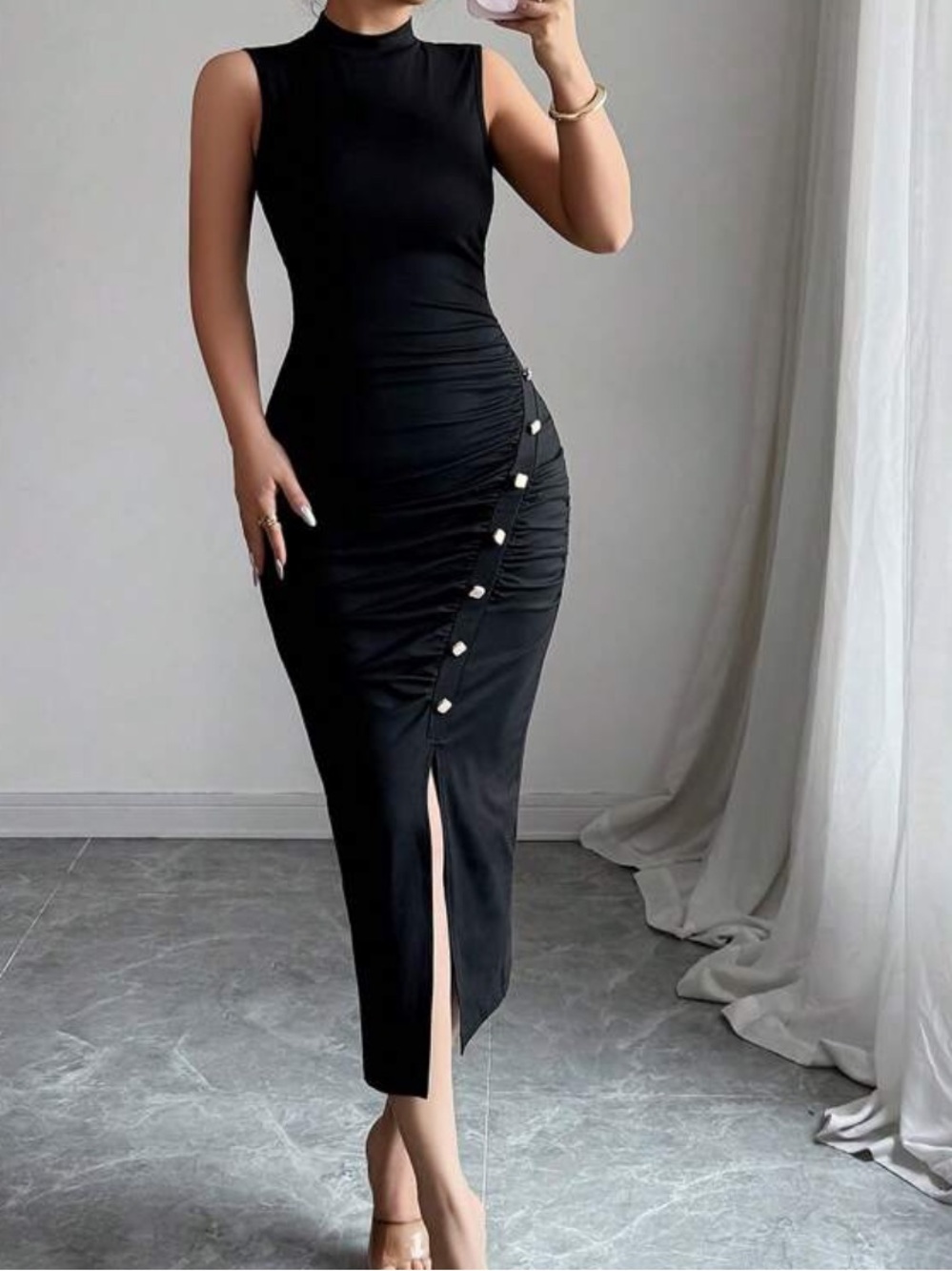 Sleeveless Black Ruched Midi Dress with Side Button Detail